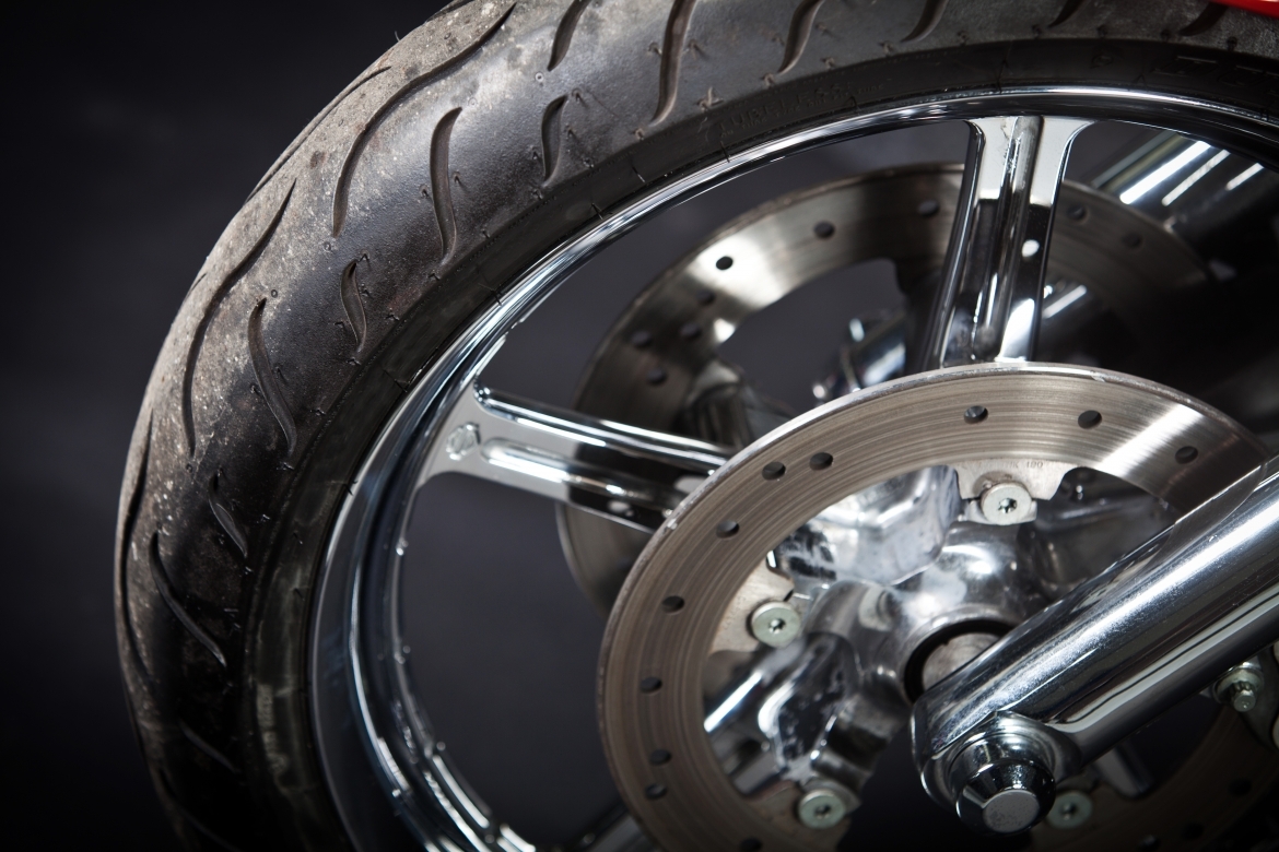close-up of motorcycle wheel